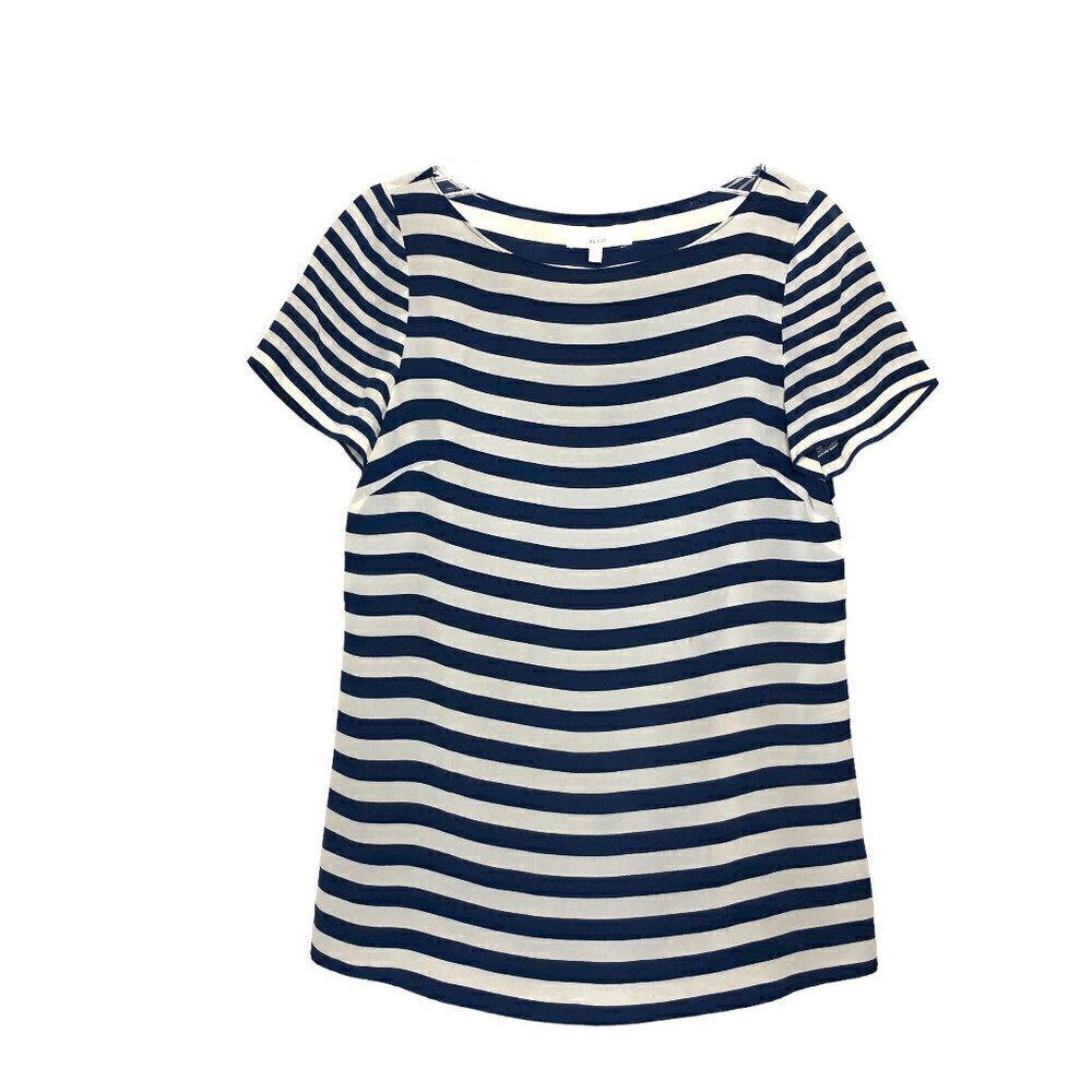 Madewell ELIOT - 100% Silk Navy Blue & White Striped Short Sleeve Top - Size XS